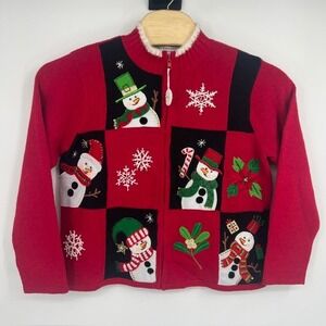 Tiara International Women's Red Christmas Snowman Sweater Jacket Size‎ Large